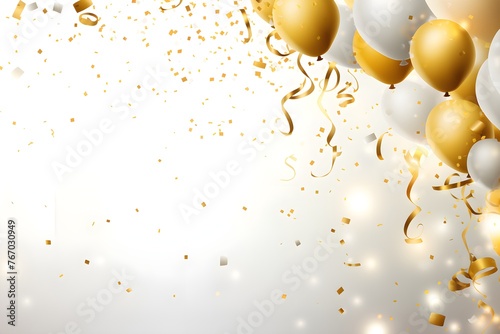 Golden balloons and confetti on a white background, creating a festive and celebratory atmosphere. © Sadia Rana