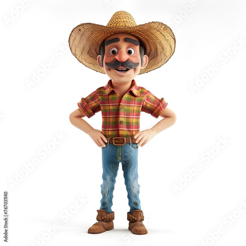 Cute farmer with mustache in plaid shirt and blue jeans, 3d model on light background, cartoon farmer, cute mustached grandpa farmer, cartoon cowboy character 