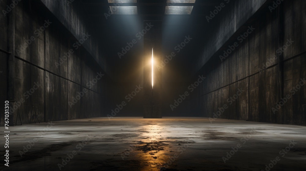 a light shining through a pillar in a dark room