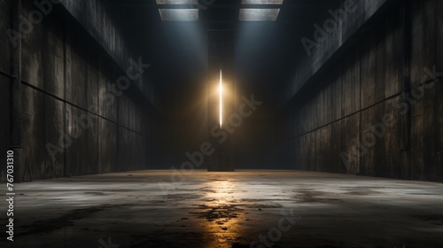 a light shining through a pillar in a dark room
