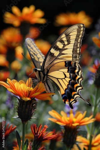 A beautiful butterfly with flowers in a natural environment in spring or summer