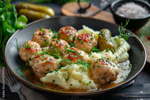 dish with chicken meatballs in creamy sauce and pickles with dill on the side, served with mashed potatoes