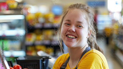 A young woman with Down syndrome smiling happily while working as a cashier at a grocery store. Learning Disability