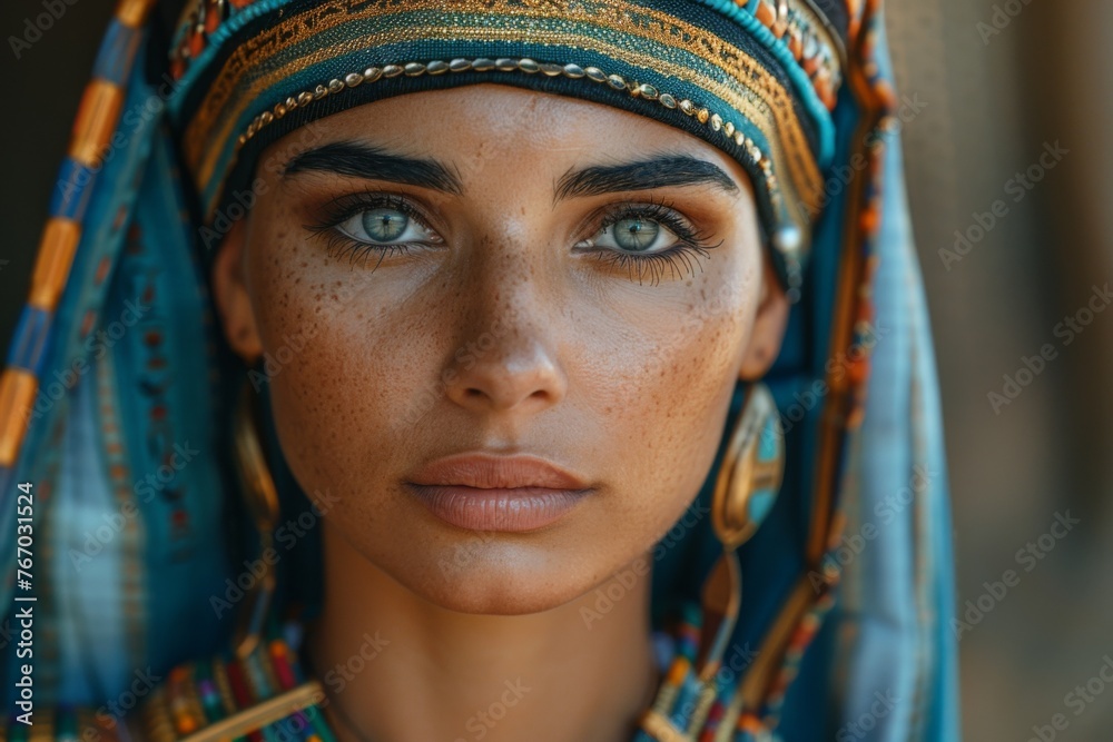 An elegant beauty portrait of Egyptian Cleopatra with a short hairstyle and professional make-up. A close-up view of her beautiful face.