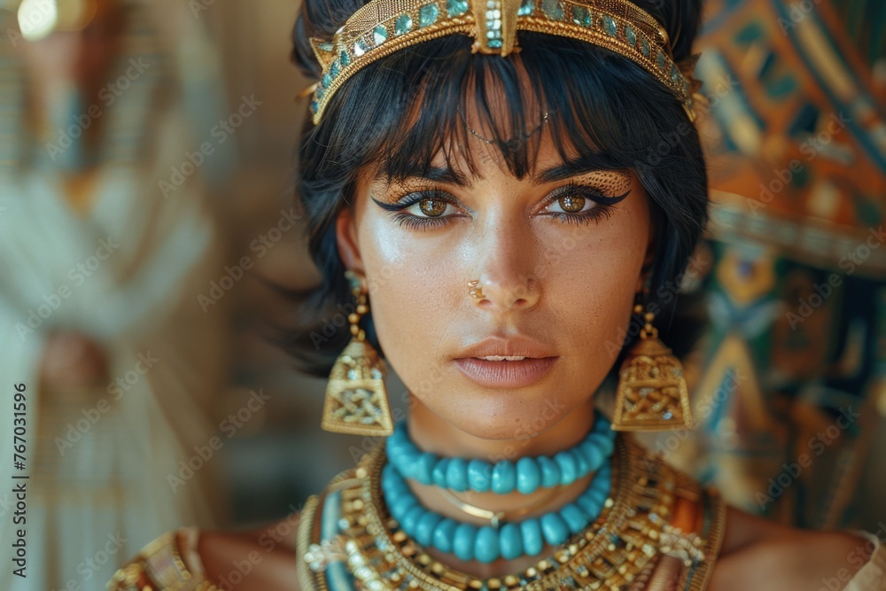 An elegant beauty portrait of Egyptian Cleopatra with a short hairstyle and professional make-up. A close-up view of her beautiful face.
