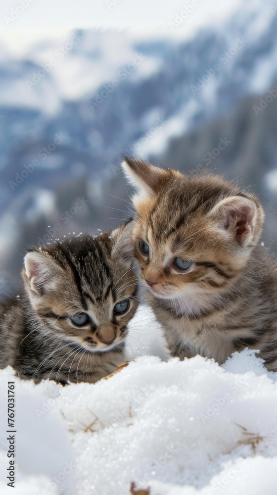 There are two kittens playing on the snowy mountain 