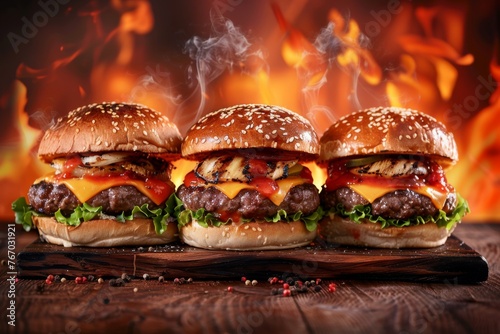 Three juicy delicious hamburgers on wooden board against background with burning fire and flames