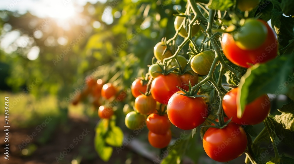 Tomato bush at a field in sunshine 