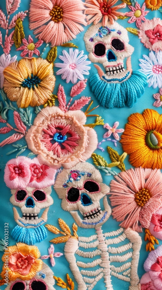 embroidered fabric with skeletons and flowers in pastel colors in style. Embroidered background and embroidered wallpaper