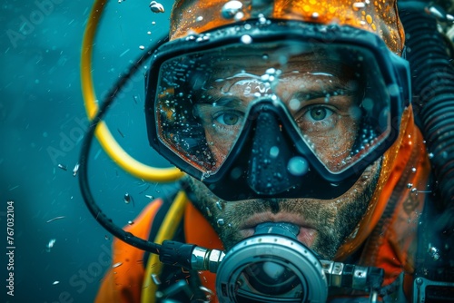 Close-up of a focused professional diver underwater with scuba gear and bubbles