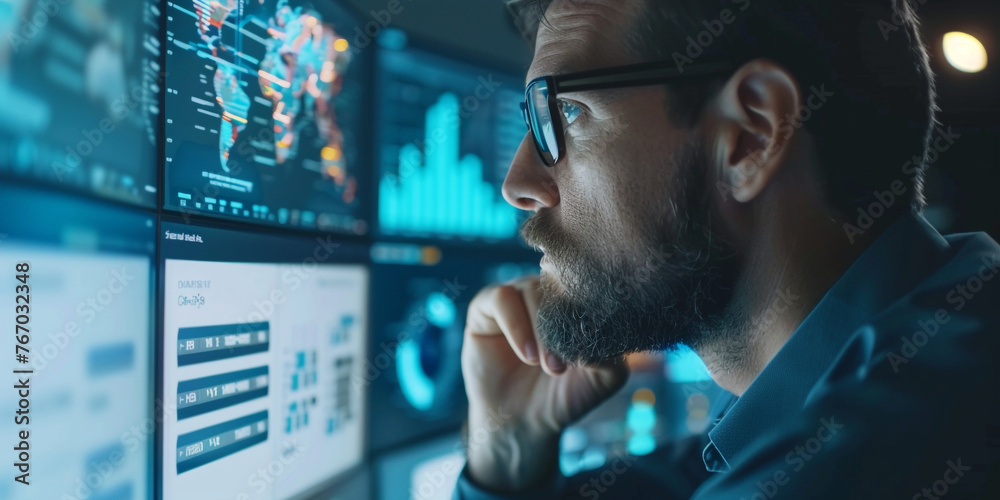 A focused businessman studying a dynamic CRM data graph, extracting valuable insights to optimize growth targets and enhance customer relationships realistic stock photography A focused businessman studying a dynamic CRM data graph, extracting valuable insights to optimize growth targets and enhance customer relationships realistic stock photography