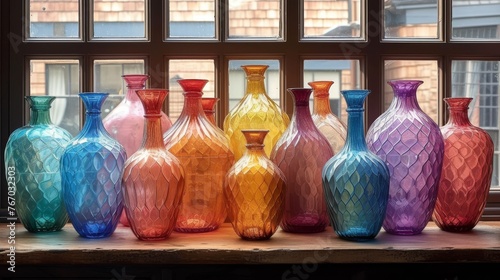  Colorful vases sit on window sill with pane of windows nearby