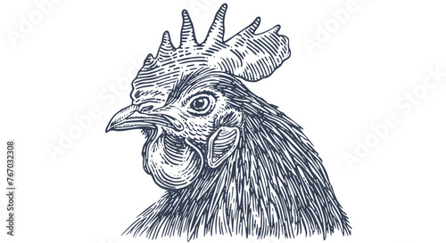 Rooster, chicken, hen head. Vintage retro print, rooster sketch ink pencil style drawing, engrave old school. Sketch artwork silhouette head rooster chicken. Side view profile. Vector Illustration