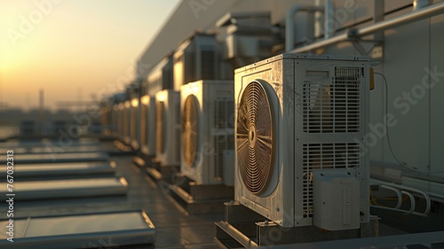 Industrial air conditioners line rooftop against a warm sunset photo