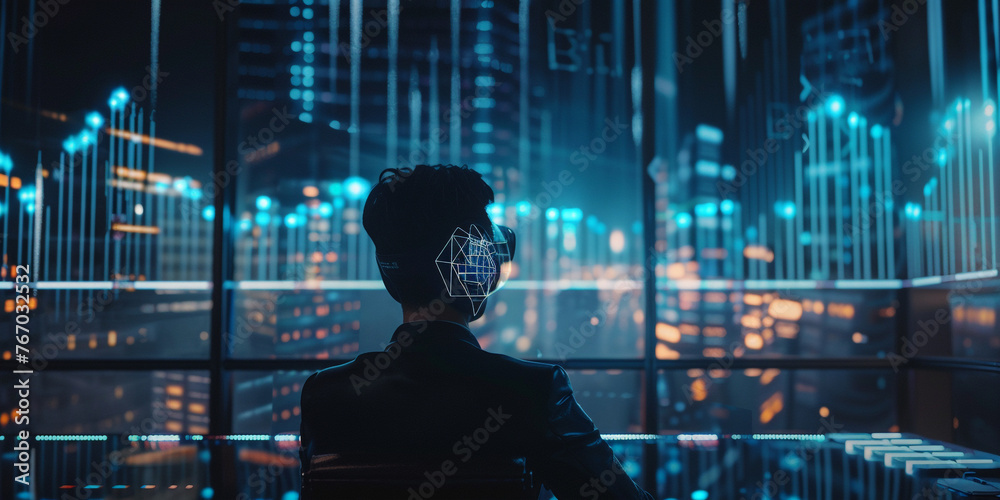 A futuristic concept art illustrating a businessman utilizing augmented reality to analyze CRM data graphs, demonstrating the integration of advanced technology in business optimization realistic