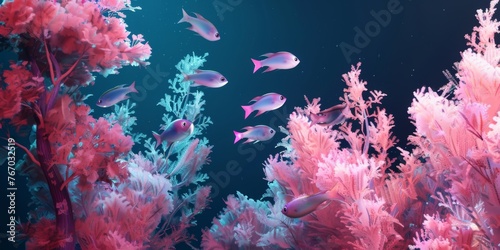 under the ocean life, 3d render,  background , just fish and pink coral  © Denis
