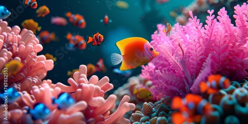 under the ocean life, 3d render,  background , just fish and pink coral  © Denis
