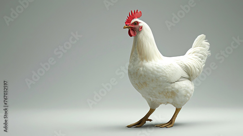 A white chicken standing on a white background. The chicken is looking to the left of the frame. It has a red comb and wattle. photo