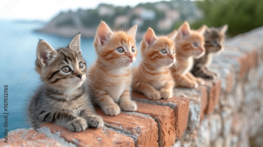   Kittens perched on a brick wall overlooking a body of water with houses behind
