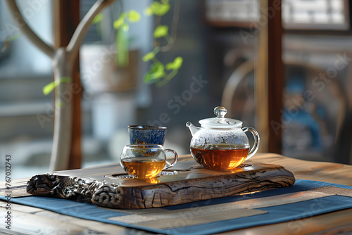 On the wooden tea table has two glass tea cups with a pot with tea in them, in the style of textural surface treatment, precisionist style, high quality, cottagecore, ironical, imitated material, liqu photo