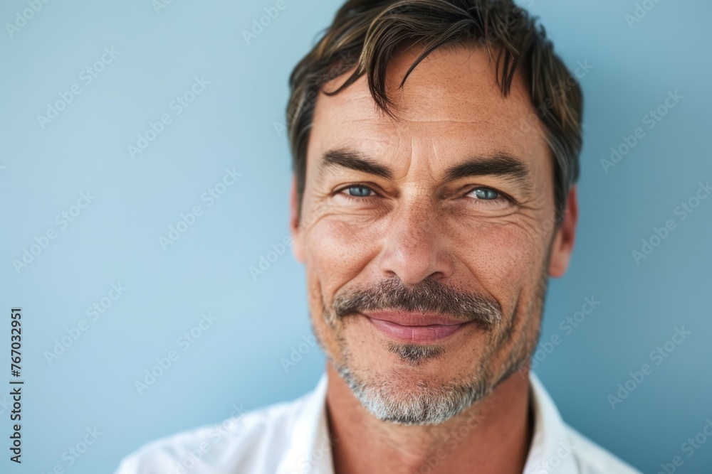 Portrait of a handsome middle-aged man smiling against a blue background Portrait of a handsome middle-aged man smiling against a blue background