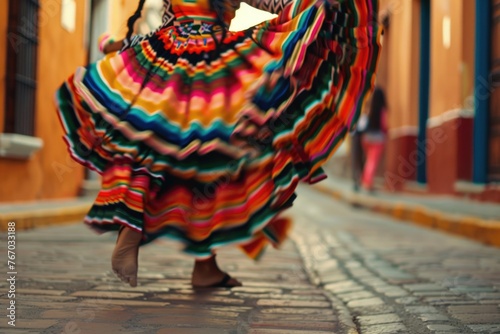 Mexican Female Dancing On The Street Wearing Traditional Colorful Mexican Dress
