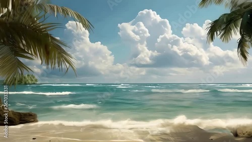 A beautiful beach scene with palm trees, waves crashing on the shore and blue sky with clouds, coastal landscape concept