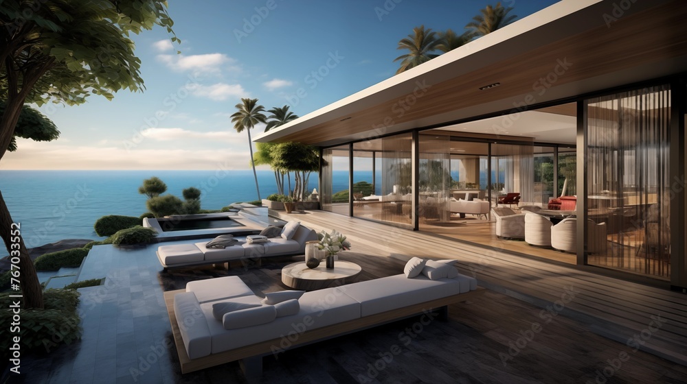 Fototapeta premium Cliff-hugging oceanfront villa with floor-to-ceiling glass walls and seamless indoor/outdoor living areas.