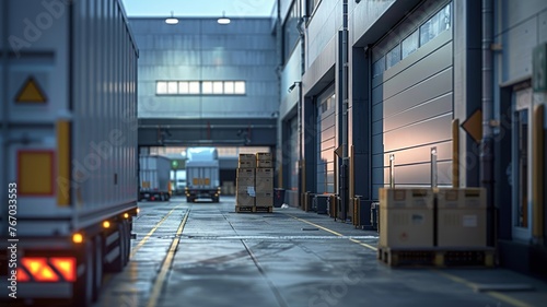 Trucks lined up in an industrial loading dock during twilight photo