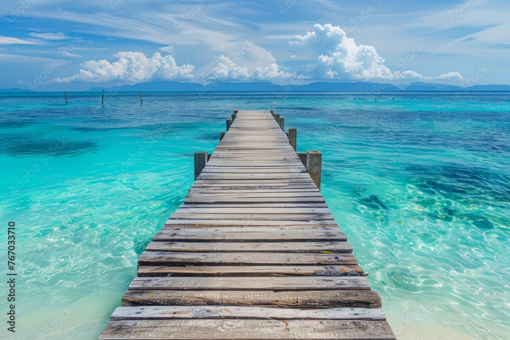 Naklejka premium Wooden pier leading to the ocean with a white sand beach and turquoise water, tropical island background, copy space for text in a wide format in the style of tropical island background.