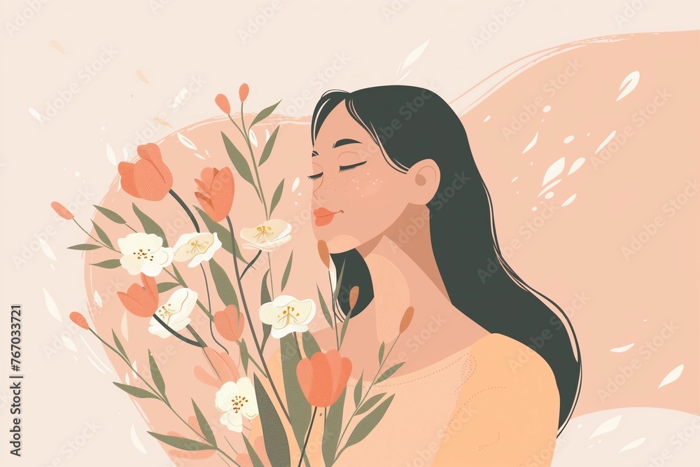 Serene Woman Enjoying Scent of Flowers, Pastel Illustrated Background with Copy Space