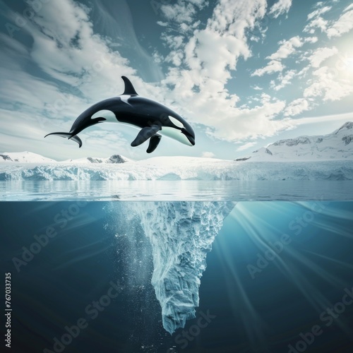 World Oceans Day  concept of environmental conservation  killer whales jumping from the surface of the sea  global warming and the preservation of life on earth  melting glaciers and threat to wildlif