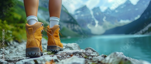 Hiker in shorts and hiking boots stands on rock by lake © Raptecstudio