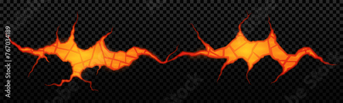 Lava in ground cracks top view, volcano magma glow texture in cracking holes, ruined land surface. Damage fissure effect after earthquake disaster isolated on black background, Realistic 3d vector