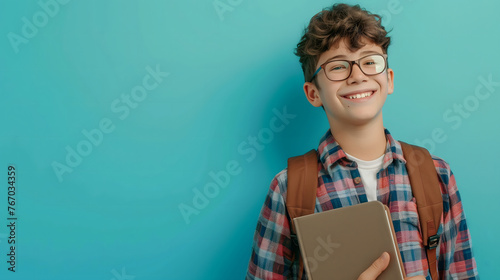 A happy and smiling white boy wearing glasses is holding a brown book on a plain green background with copy-space for text. photo