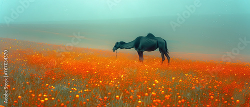 a horse that is standing in a field of flowers