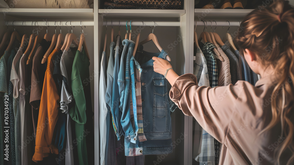 Amidst the spring cleaning frenzy, the woman focuses on decluttering her closet, sorting through her clothes with precision. - obrazy, fototapety, plakaty 