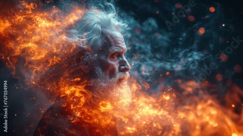  A man with white hair and a beard stands in front of an array of fiery oranges and smoky blues