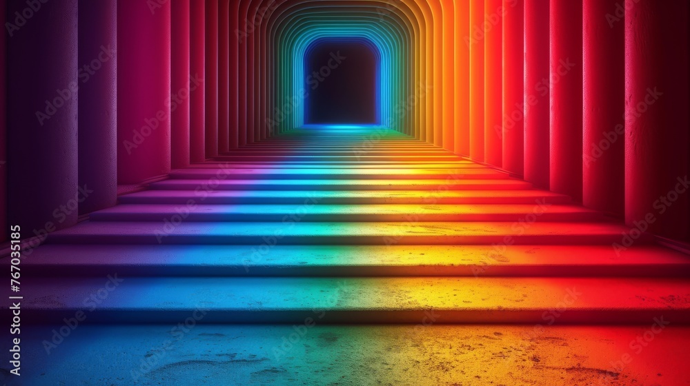   A rainbow-lit corridor extending from the center of a spacious room