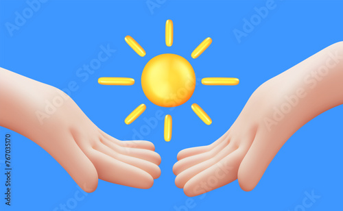 Vector weather illustration of gesture hand hold yellow sun on blue color background. 3d style design of man white skin hand give golden sun