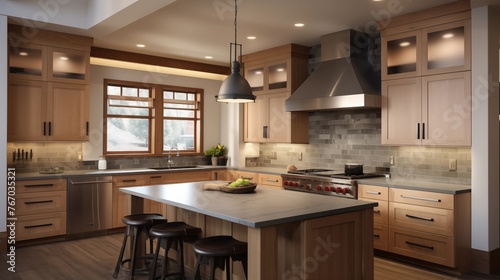 Contemporary craftsman kitchen with shaker cabinets wood hood vent and industrial light fixtures. photo