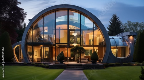 Contemporary mansion with sweeping archways geometric shapes and floor-to-ceiling glass.