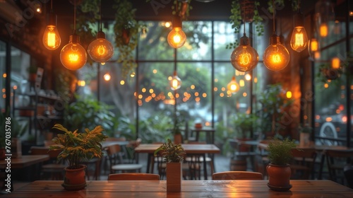  A restaurant featuring numerous hanging lights from the ceiling and lush potted plants in the center of the space