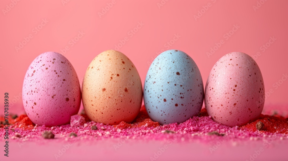   A row of eggs with speckles sits atop a stack of blue and pink speckled eggs on a pink background