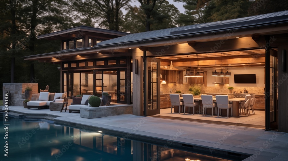 Contemporary rustic chic pool house with tongue-and-groove ceiling huge multi-slide glass doors and seamless transitions to outdoor living areas.