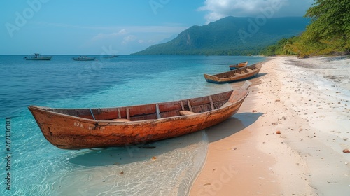   A pair of boats resting on a seashore near a tranquil body of water  with majestic mountains in the distance