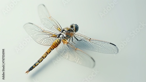 Yellow dragonfly with transparent wings isolated on white background.