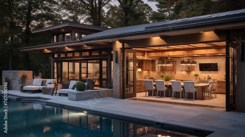 Contemporary rustic chic pool house with tongue-and-groove ceiling huge multi-slide glass doors and seamless transitions to outdoor living areas. © Aeman