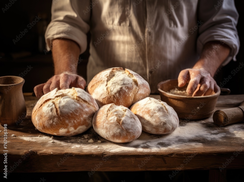 Baker holding fresh round bread loaves, artisan bakery with handmade bread