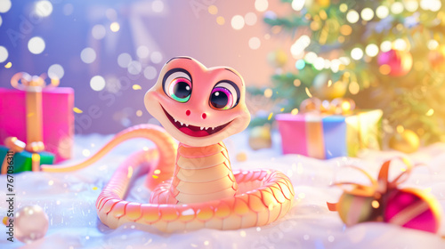 A cute smiling cartoon pink snake with expressive eyes sits next to Christmas tree and gift boxes. Symbol of the 2025 New year funny snake illustration for calendar, greeting card design, copy space